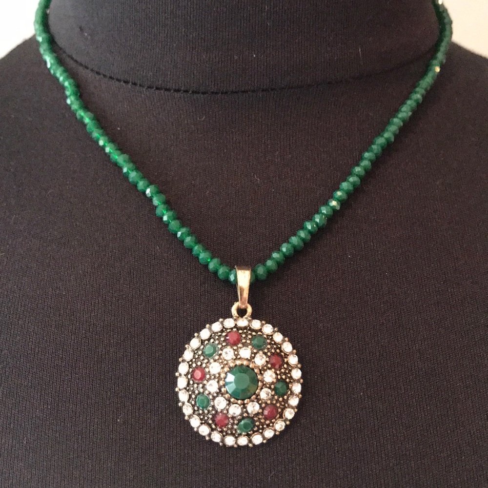 Green Beaded Necklace with Crystal Medallion Pendant